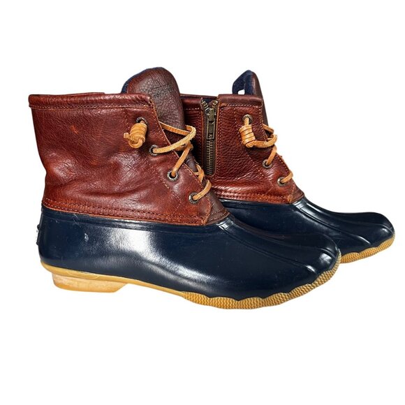 Sperry Saltwater Duck Boots Waterproof Leather Brown Navy Size 8 Outdoor Fall - Picture 1 of 7